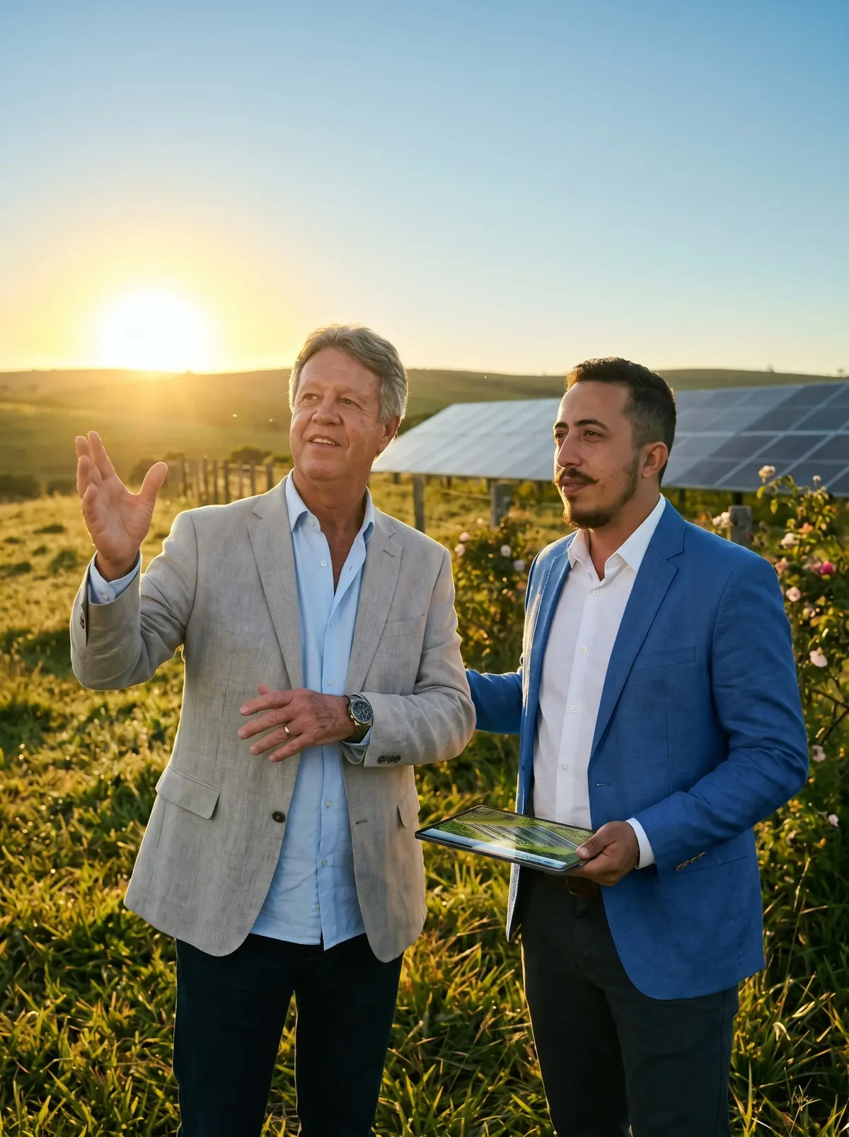 Dois profissionais da ARTSOL conversando em campo, com tablet em mãos e painéis solares ao fundo